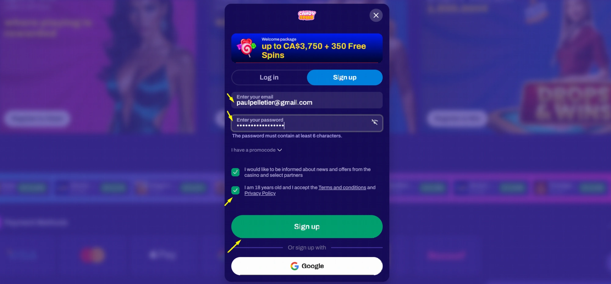 Processo di registrazione Candy Spinz Casino